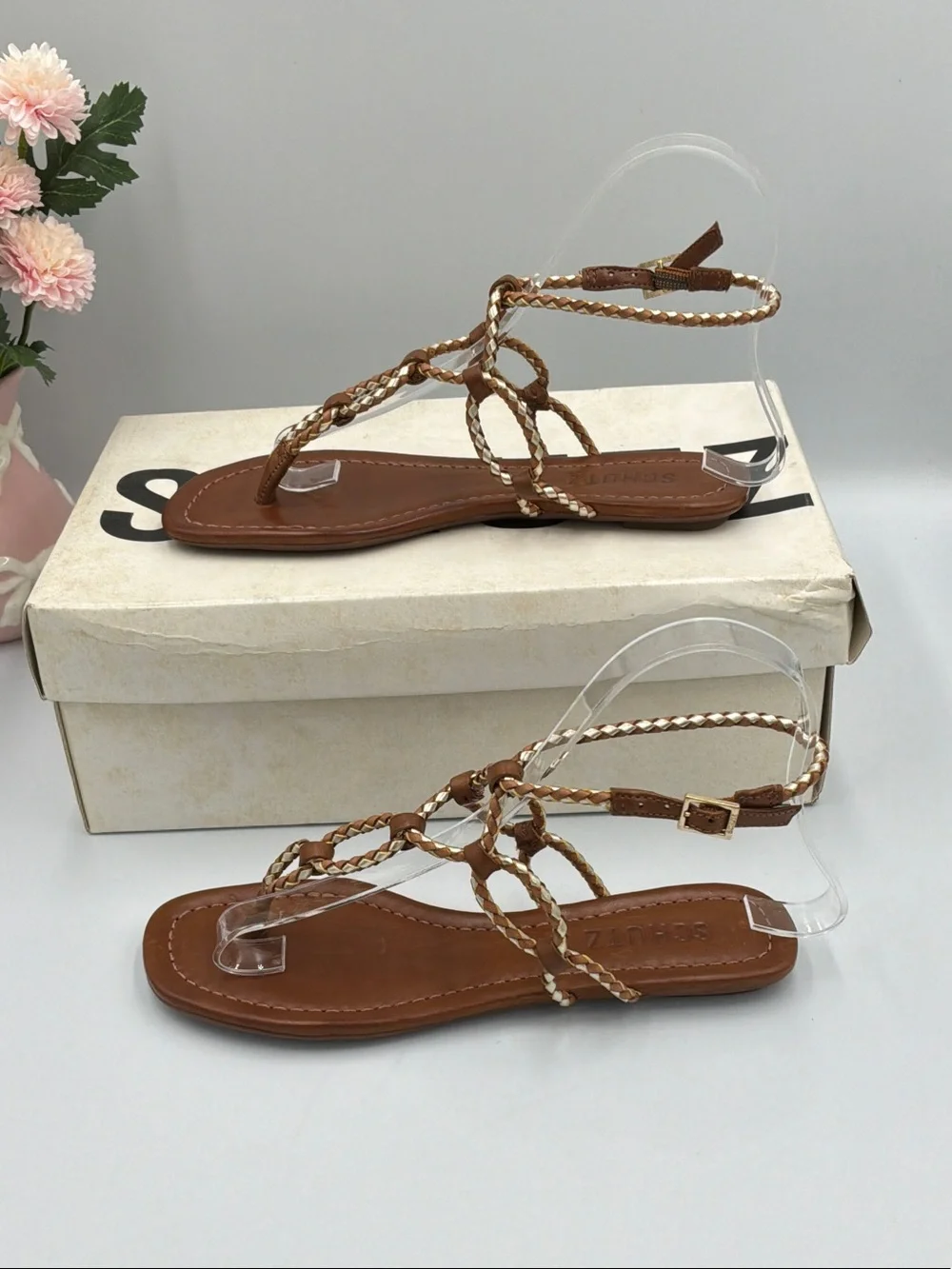 SCHUTZ Tan Braided Leather T-Strap Sandals